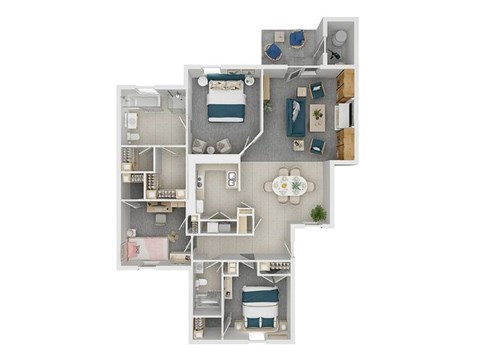 A floor plan of a house with a kitchen, living room, dining room, and two bedrooms.